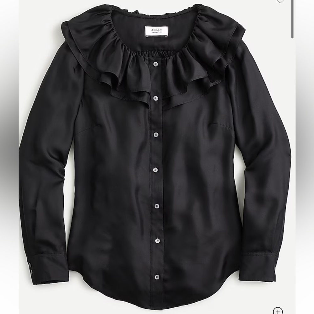 NWT JCrew Collection Silk Twill Ruffle-Collar Top in Black